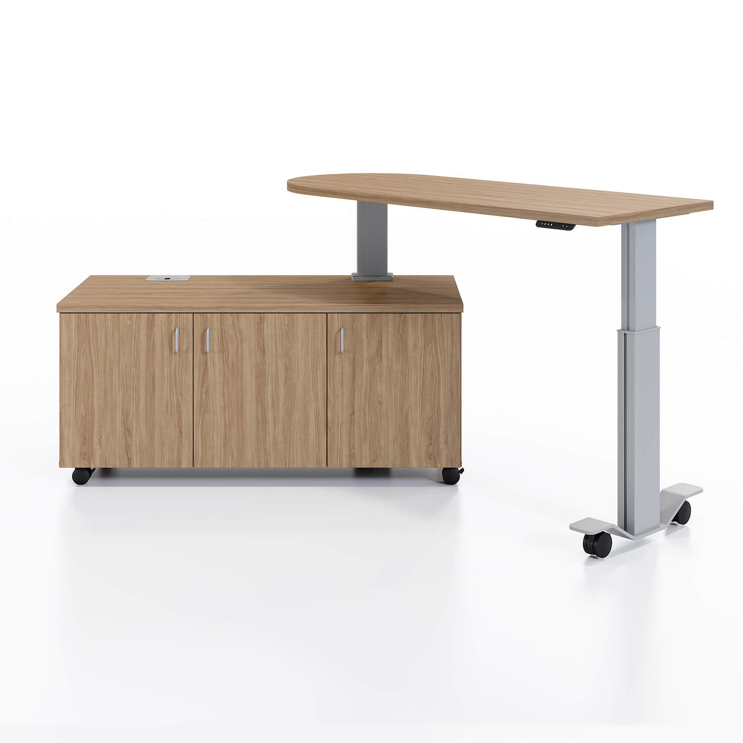 Samara Rotating Desk Workstation in up and open angled position in Pelee Island Pear and silver finish
