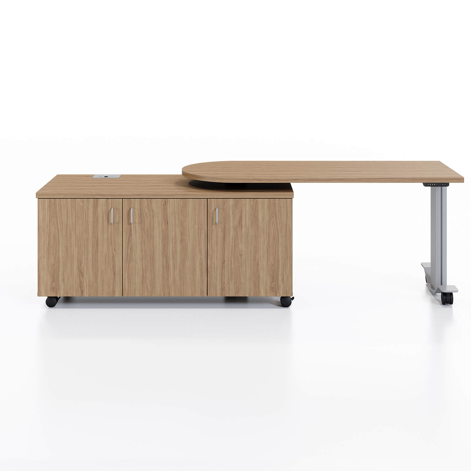 Samara Rotating Desk Workstation in down and open 180 degrees position in Pelee Island Pear and silver finish