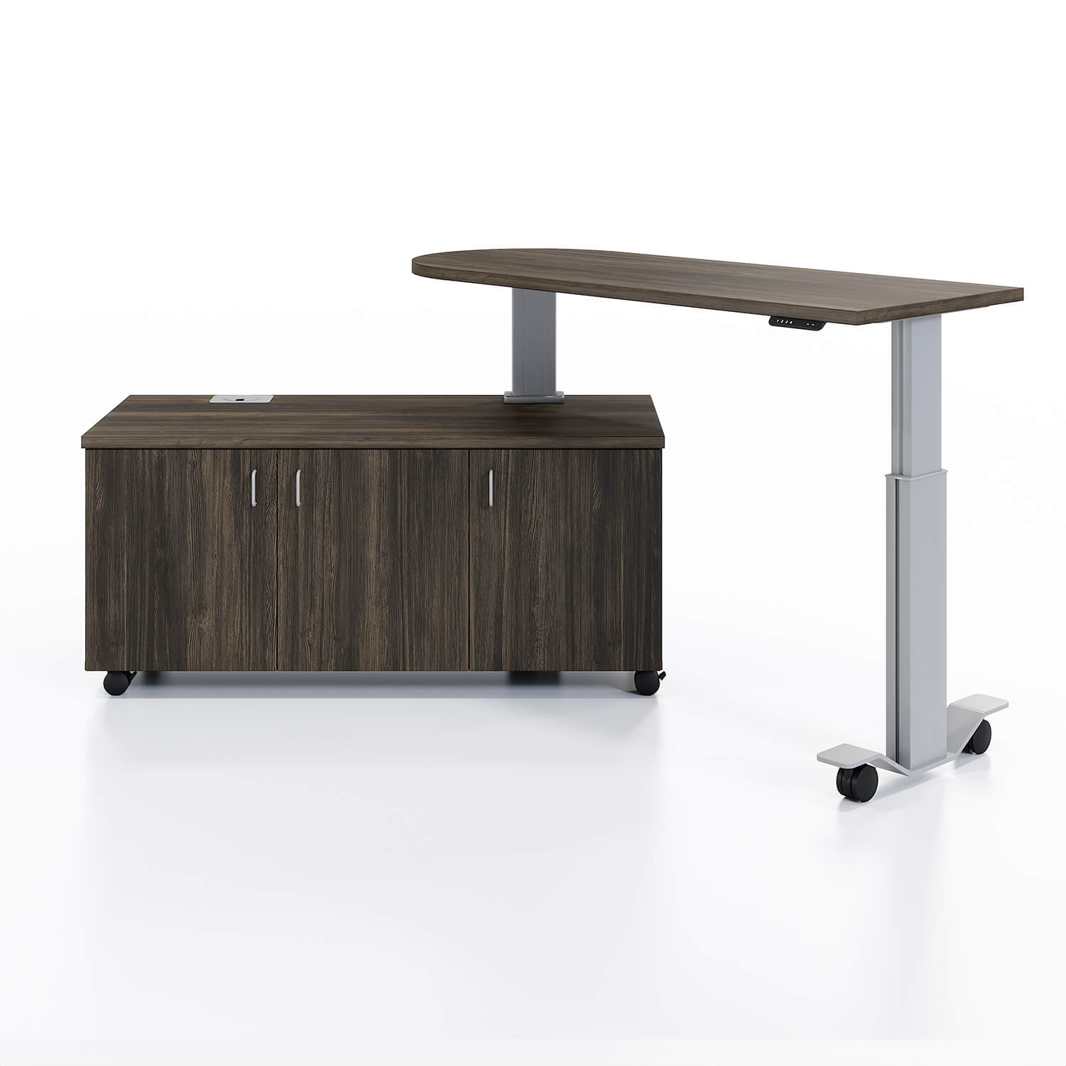 Samara Rotating Desk Workstation in up and open angled position in Koosah Pine and silver finish
