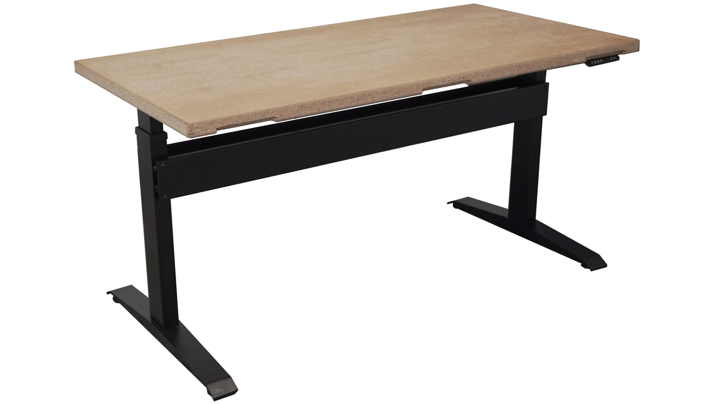 BenchBUD electric height adjustable workbench showing base with top. Front view. Low height position.