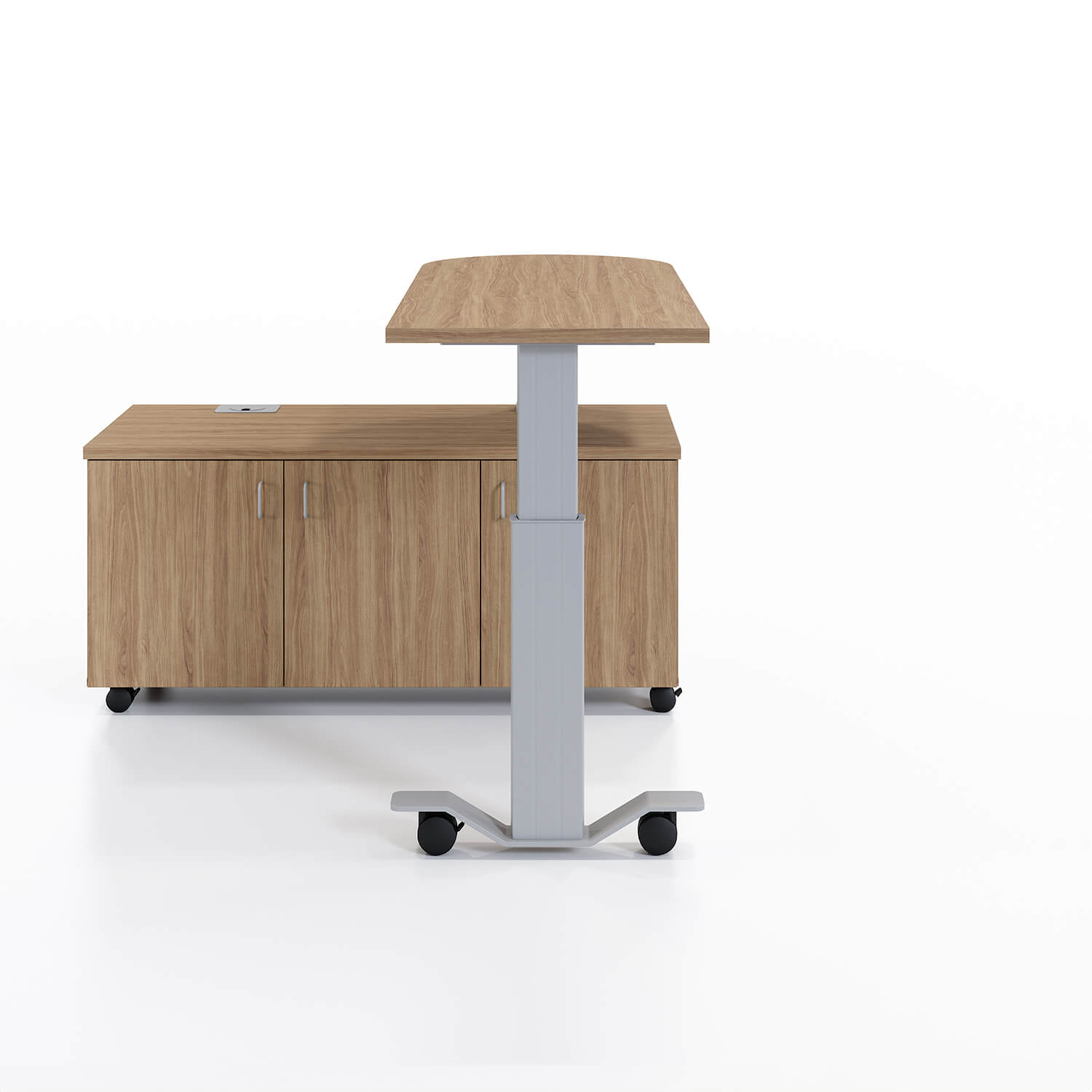 Samara Rotating Desk Workstation in up and open 90 degrees position in Pelee Island Pear and silver finish