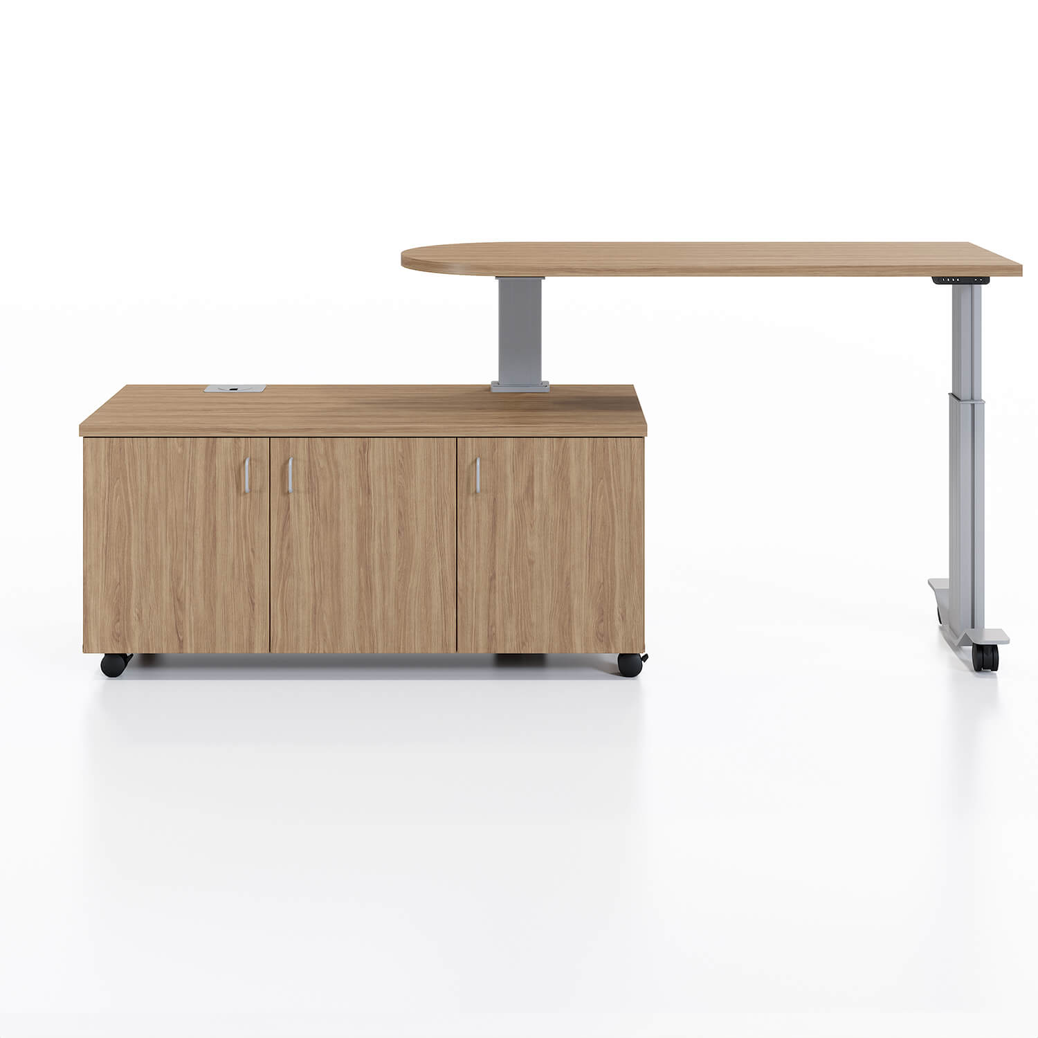 Samara Rotating Desk Workstation in up and open 180 degrees position in Pelee Island Pear and Silver
