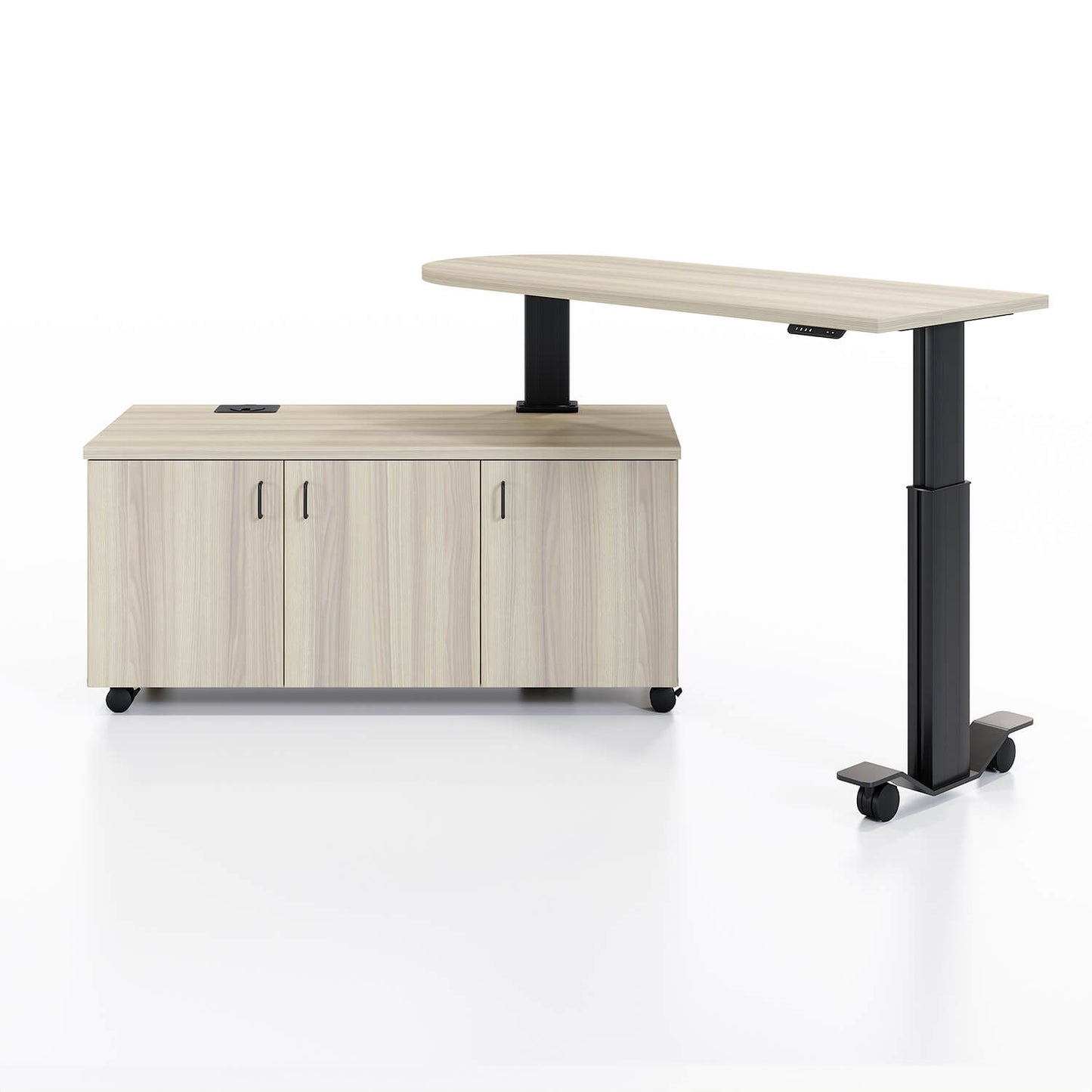 Samara Rotating Desk Workstation in down and open angled position in Bergen Ash and black finish