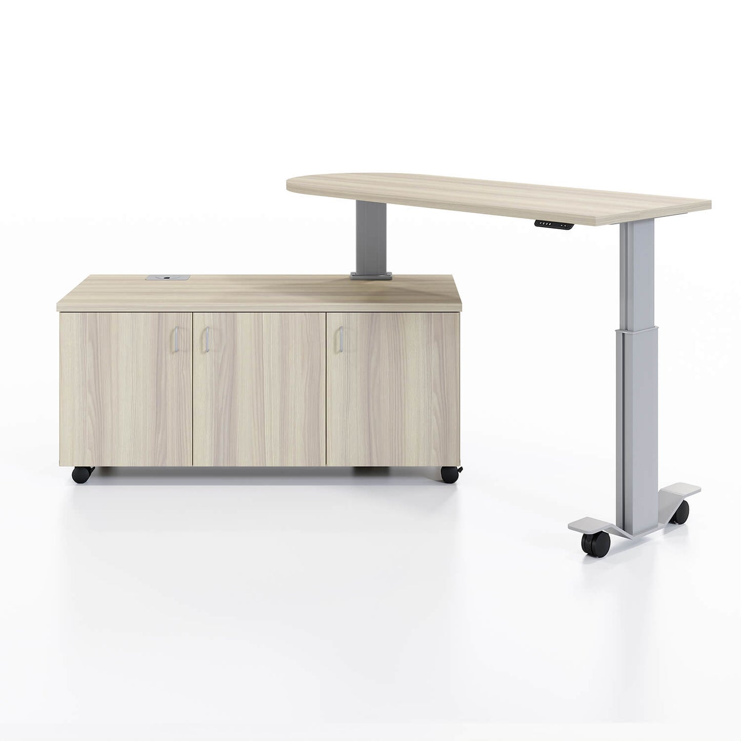 Samara Rotating Desk Workstation in up and open angled position in Bergen Ash and silver finish