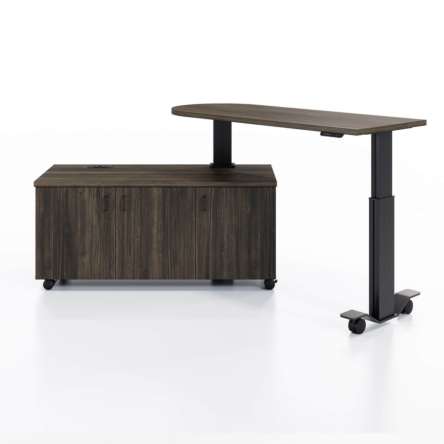 Samara Rotating Desk Workstation in up and open angled position in Koosah Pine and black finish