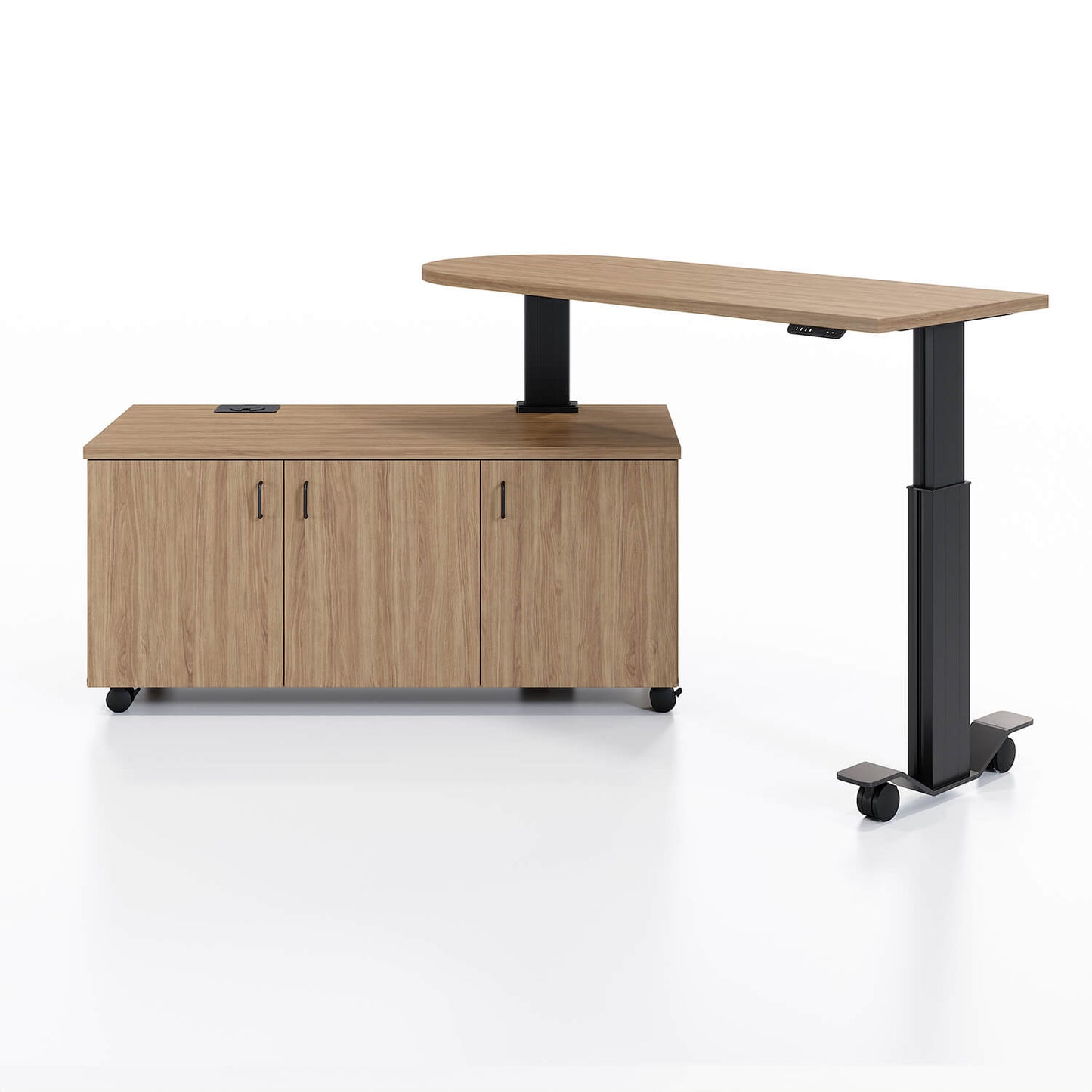 Samara Rotating Desk Workstation in up and open angled position in Pelee Island Pear and black finish