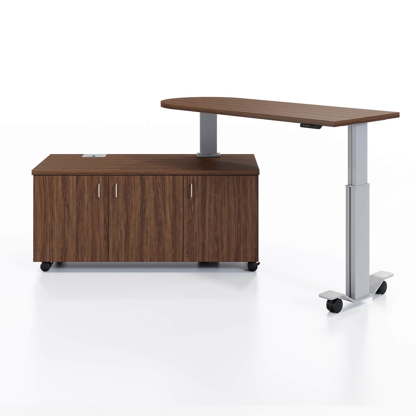 Samara Rotating Desk Workstation in up and open angled position in Rogue Valley Pear and silver finish