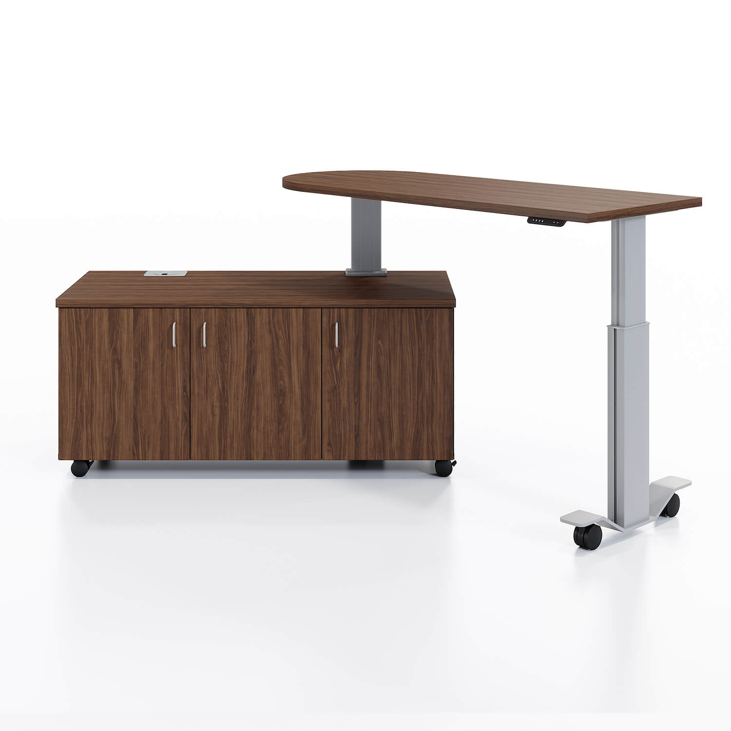 Samara Rotating Desk Workstation in up and open angled position in Rogue Valley Pear and silver finish